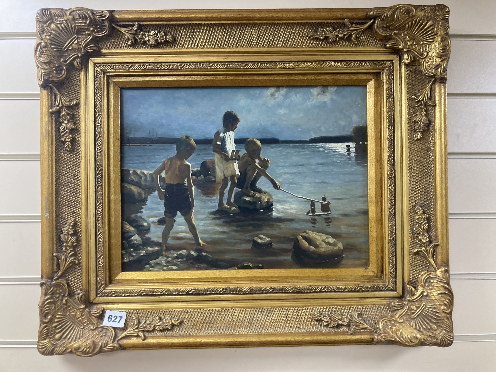 Italian School, oil on board, Boys with a model boat under moonlight, 29 x 39cm